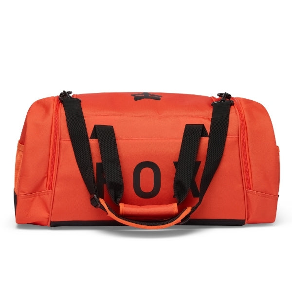 Fox Racing 180 Duffle in Orange, end-panel and carry-handle view, with the main zippered compartment, reinforced base, carry handles, end pocket, wheels, and large Fox logo. Available options—Color: Black, Vivid Green, Orange.