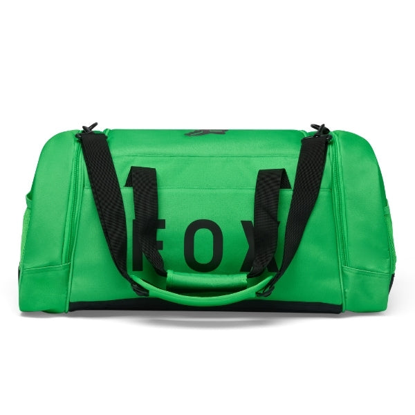 Fox Racing 180 Duffle in Orange, end-panel and carry-handle view, with the main zippered compartment, reinforced base, carry handles, end pocket, wheels, and large Fox logo. Available options—Color: Black, Vivid Green, Orange.