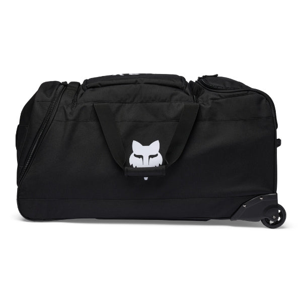 Fox Racing Shuttle Roller Bag in Pewter, long-side view, with the main zippered compartment, reinforced base, carry handles, end pocket, wheels, and large Fox logo. Available options—Color: Black, Pewter, Midnight. SKU 40539-052-OS. UPC 198571128947.