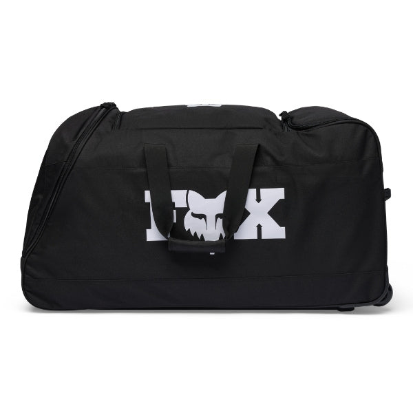 Fox Racing 180 Roller Bag in Pewter, long-side view, with the main zippered compartment, reinforced base, carry handles, end pocket, wheels, and large Fox logo. Available options—Color: Black, Pewter, Midnight. SKU 40540-052-OS. UPC 198571128930.