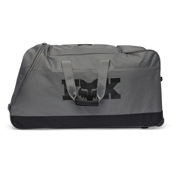 Fox Racing 180 Roller Bag in Midnight, end-panel and carry-handle view, with the main zippered compartment, reinforced base, carry handles, end pocket, wheels, and large Fox logo. Available options—Color: Black, Pewter, Midnight.