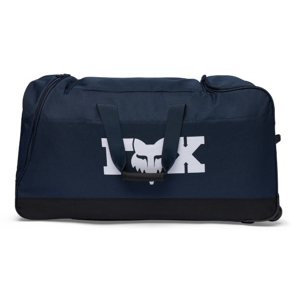 Fox Racing 180 Roller Bag in Midnight, end-panel and carry-handle view, with the main zippered compartment, reinforced base, carry handles, end pocket, wheels, and large Fox logo. Available options—Color: Black, Pewter, Midnight.