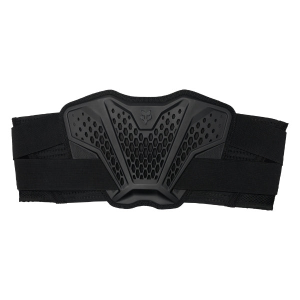 Fox Racing Titan Race Belt in Black, front exterior view, with the wide hook-and-loop waist straps, molded lumbar support panels, perforations, and mesh lining. Available options—Color: Black; Size: SM/MD, LG/XL, 2X/3X. SKU 40541-001-S/M. UPC 198571122938.