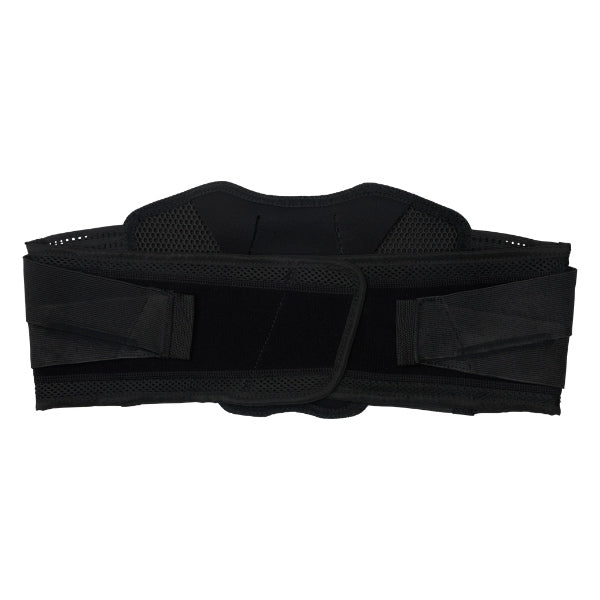 Fox Racing Titan Race Belt in Black, rear interior view, with the wide hook-and-loop waist straps, molded lumbar support panels, perforations, and mesh lining. Available options—Color: Black; Size: SM/MD, LG/XL, 2X/3X. SKU 40541-001-L/XL. UPC 198571122945.
