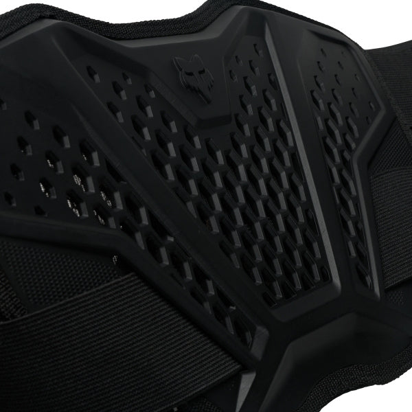 Fox Racing Titan Race Belt in Black, close-up of the molded support panel, with the wide hook-and-loop waist straps, molded lumbar support panels, perforations, and mesh lining. Available options—Color: Black; Size: SM/MD, LG/XL, 2X/3X. SKU 40541-001-2X/3X. UPC 198571122952.