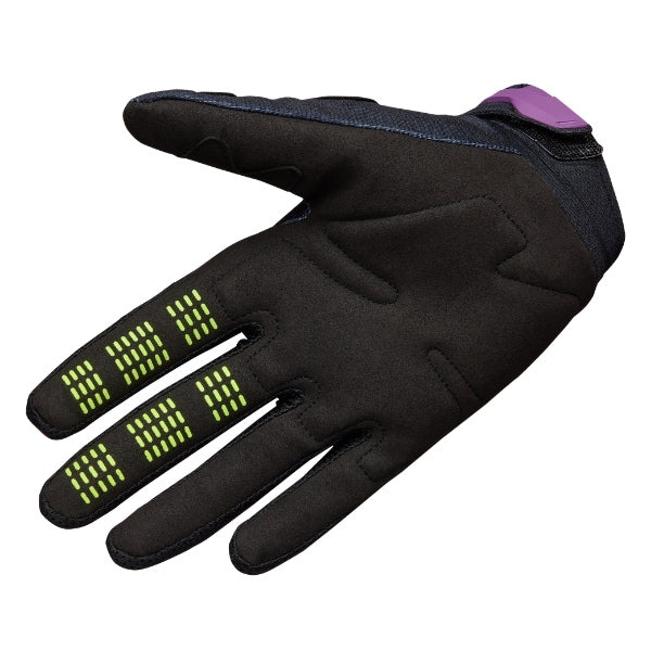 Fox Racing 180 Raid Gloves in Purple Lava, palm-side view, with the perforated palm, silicone finger grips, curved fingertips, and slip-on cuff. Available options—Color: Purple Lava, Red, Deep Fern; Size: SM, MD, LG, XL, 2X. SKU 40561-E07-M. UPC 198571129050.