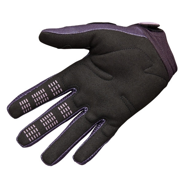 Fox Racing 180 Raid Gloves (Womens) in Lavender Drift, palm-side view, with the perforated palm, silicone finger grips, curved fingertips, and slip-on cuff. Available options—Color: Lavender Drift, Neon Pink, Crystal Blue; Size: SM, MD, LG, XL. SKU 40563-F07-M. UPC 198571126714.