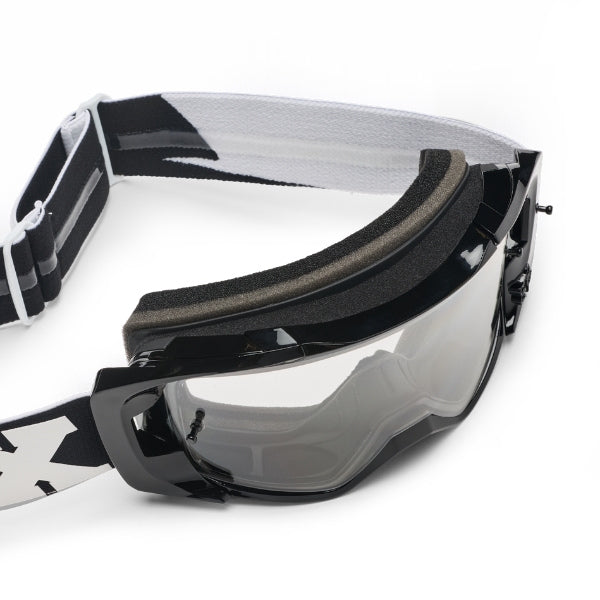 Fox Racing Vue Core Goggles in Red, straight-on lens view, with the curved lens, vented frame, nose bridge, foam edge, and Fox-branded strap. Available options—Color: Black, Blue Jewel, Red. SKU 40566-003-OS. UPC 198571130025.