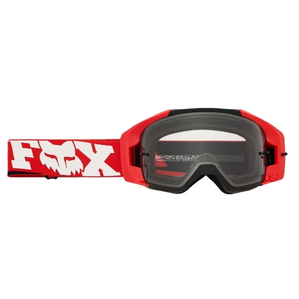 Fox Racing Vue Core Goggles in Red, rear view of the branded strap, with the wide elastic strap, silicone grip bands, woven Fox lettering, and rear frame edge. Available options—Color: Black, Blue Jewel, Red.