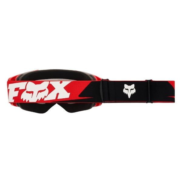 Fox Racing Vue Core Goggles in Red, three-quarter lens and frame view, with the curved lens, vented frame, nose bridge, foam edge, and Fox-branded strap. Available options—Color: Black, Blue Jewel, Red.