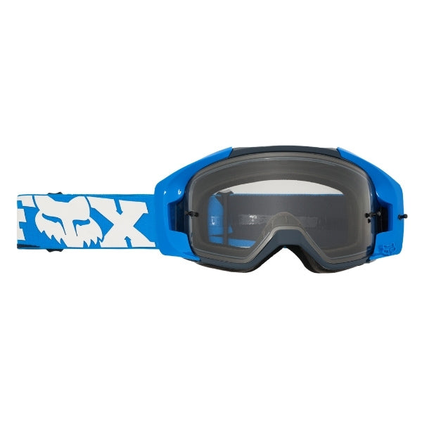 Fox Racing Vue Core Goggles in Red, three-quarter lens and frame view, with the curved lens, vented frame, nose bridge, foam edge, and Fox-branded strap. Available options—Color: Black, Blue Jewel, Red.