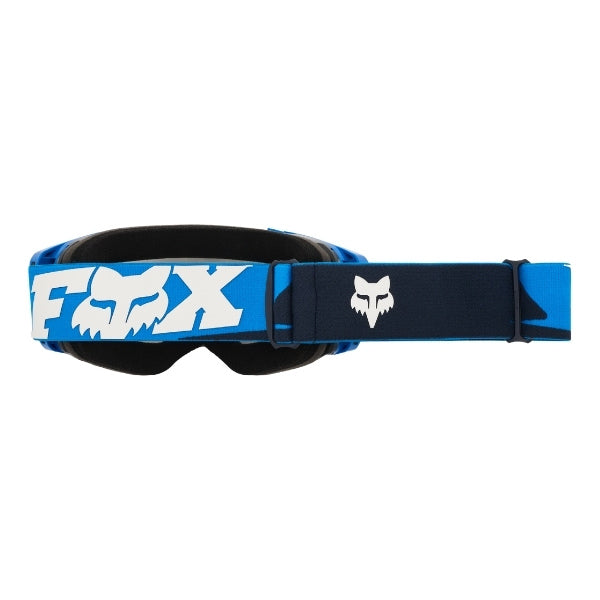 Fox Racing Vue Core Goggles in Red, side view of the frame and strap attachment, with the wide elastic strap, silicone grip bands, woven Fox lettering, and rear frame edge. Available options—Color: Black, Blue Jewel, Red.