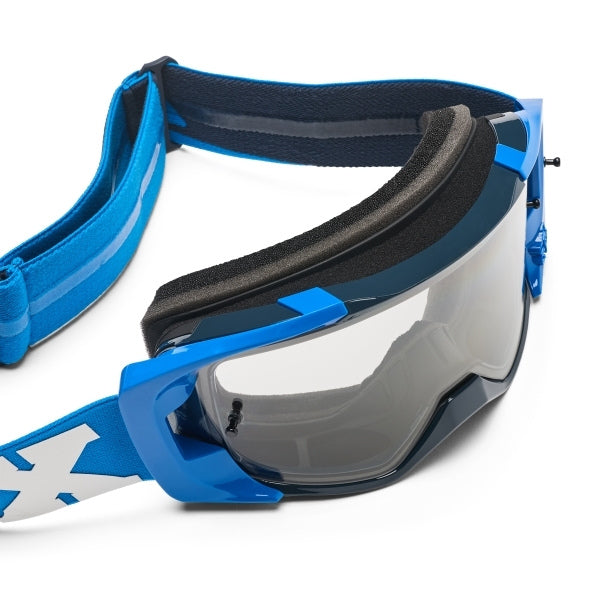 Fox Racing Vue Core Goggles in Red, inside view of the foam-lined eye opening, with the contoured foam face seal, nose opening, inner lens surface, and strap anchors. Available options—Color: Black, Blue Jewel, Red.