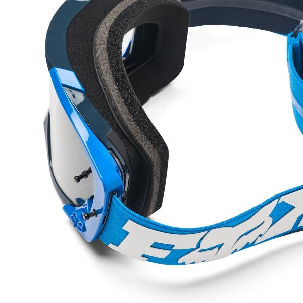Fox Racing Vue Core Goggles in Red, straight-on lens view, with the curved lens, vented frame, nose bridge, foam edge, and Fox-branded strap. Available options—Color: Black, Blue Jewel, Red.