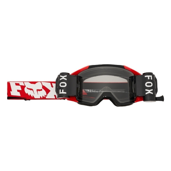 Fox Racing Vue Roll Off Goggles in Red, three-quarter lens view, with the curved lens, vented frame, nose bridge, foam edge, and Fox-branded strap. Available options—Color: Dark Shadow, HiViz Yellow, Red.