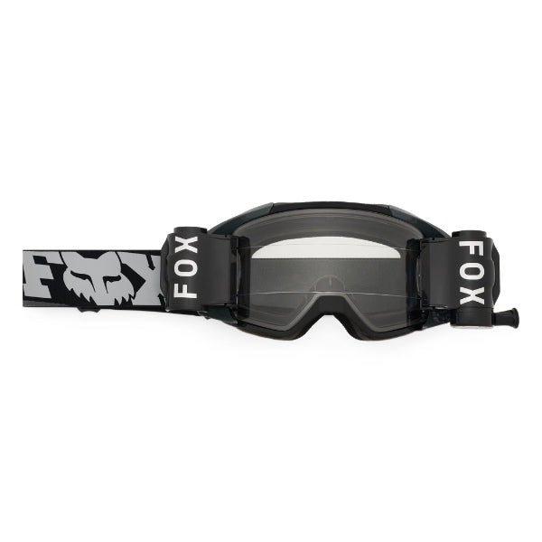 Fox Racing Vue Roll Off Goggles in Dark Shadow, straight-on lens and roll-off canister view, with the curved lens, vented frame, nose bridge, foam edge, and Fox-branded strap. Available options—Color: Dark Shadow, HiViz Yellow, Red. SKU 40567-330-OS. UPC 198571125274.