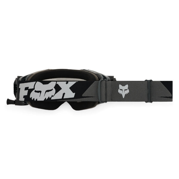 Fox Racing Vue Roll Off Goggles in HiViz Yellow, straight-on lens and roll-off canister view, with the curved lens, vented frame, nose bridge, foam edge, and Fox-branded strap. Available options—Color: Dark Shadow, HiViz Yellow, Red. SKU 40567-A46-OS. UPC 198571126257.