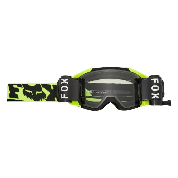 Fox Racing Vue Roll Off Goggles in Red, straight-on lens and roll-off canister view, with the curved lens, vented frame, nose bridge, foam edge, and Fox-branded strap. Available options—Color: Dark Shadow, HiViz Yellow, Red. SKU 40567-003-OS. UPC 198571130032.