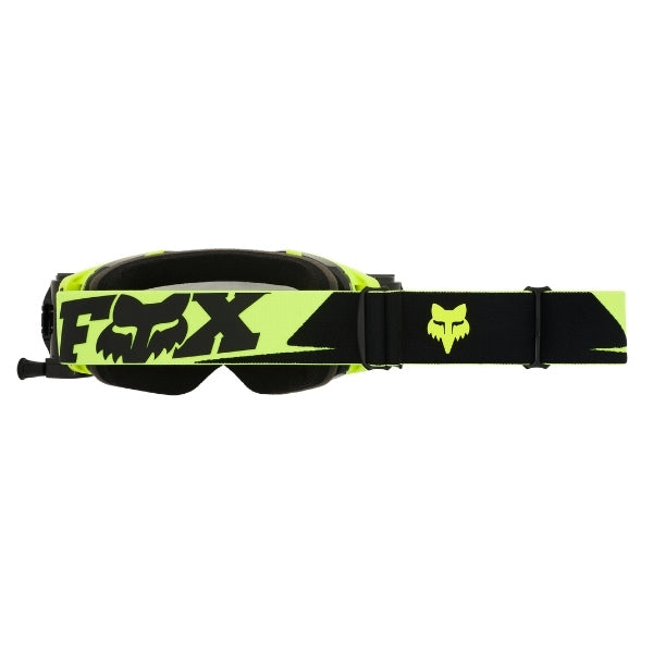 Fox Racing Vue Roll Off Goggles in Red, rear strap view, with the wide elastic strap, silicone grip bands, woven Fox lettering, and rear frame edge. Available options—Color: Dark Shadow, HiViz Yellow, Red.