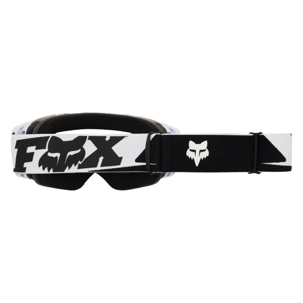 Fox Racing Vue Core Vivid Goggles in HiViz Yellow, straight-on lens view, with the curved lens, vented frame, nose bridge, foam edge, and Fox-branded strap. Available options—Color: Black, HiViz Yellow, Dark Shadow, Red, Purple Lava, Neon Pink. SKU 40570-A46-OS. UPC 198571126424.