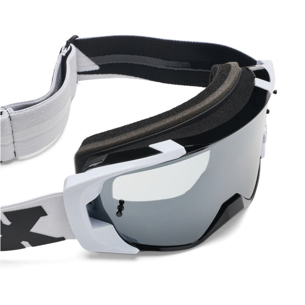 Fox Racing Vue Core Vivid Goggles in Dark Shadow, straight-on lens view, with the curved lens, vented frame, nose bridge, foam edge, and Fox-branded strap. Available options—Color: Black, HiViz Yellow, Dark Shadow, Red, Purple Lava, Neon Pink. SKU 40570-330-OS. UPC 198571125298.