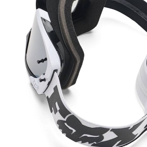 Fox Racing Vue Core Vivid Goggles in Red, straight-on lens view, with the curved lens, vented frame, nose bridge, foam edge, and Fox-branded strap. Available options—Color: Black, HiViz Yellow, Dark Shadow, Red, Purple Lava, Neon Pink. SKU 40570-003-OS. UPC 198571130681.