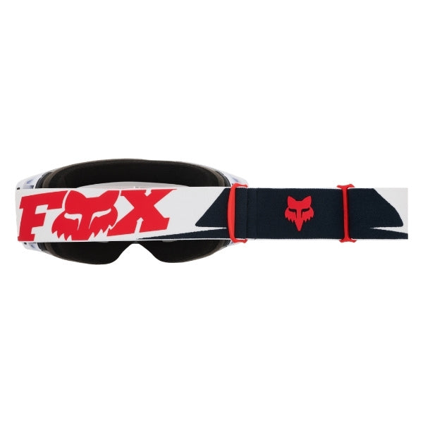 Fox Racing Vue Core Vivid Goggles in Neon Pink, side view of the frame and strap attachment, with the wide elastic strap, silicone grip bands, woven Fox lettering, and rear frame edge. Available options—Color: Black, HiViz Yellow, Dark Shadow, Red, Purple Lava, Neon Pink.