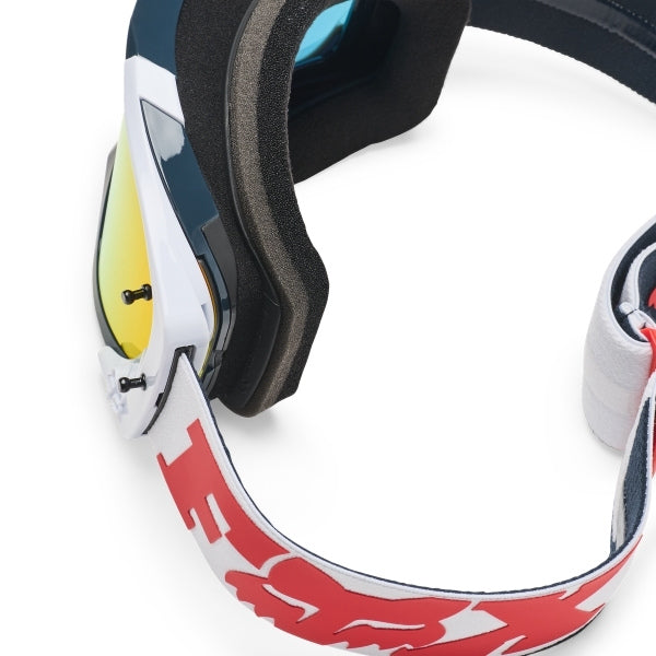 Fox Racing Vue Core Vivid Goggles in Neon Pink, straight-on lens view, with the curved lens, vented frame, nose bridge, foam edge, and Fox-branded strap. Available options—Color: Black, HiViz Yellow, Dark Shadow, Red, Purple Lava, Neon Pink.