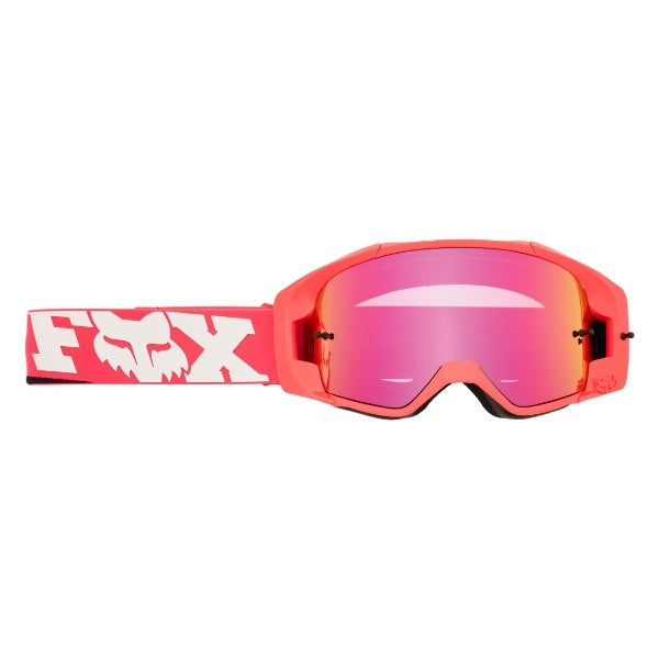 Fox Racing Vue Core Vivid Goggles in Neon Pink, straight-on lens view, with the curved lens, vented frame, nose bridge, foam edge, and Fox-branded strap. Available options—Color: Black, HiViz Yellow, Dark Shadow, Red, Purple Lava, Neon Pink.