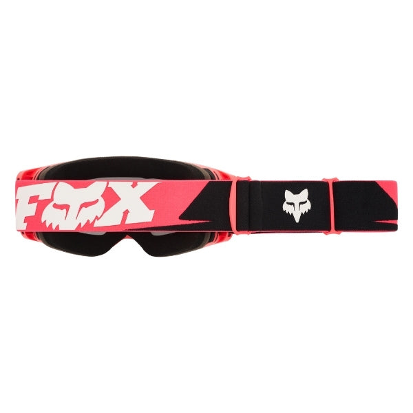 Fox Racing Vue Core Vivid Goggles in Neon Pink, rear view of the branded strap, with the wide elastic strap, silicone grip bands, woven Fox lettering, and rear frame edge. Available options—Color: Black, HiViz Yellow, Dark Shadow, Red, Purple Lava, Neon Pink.
