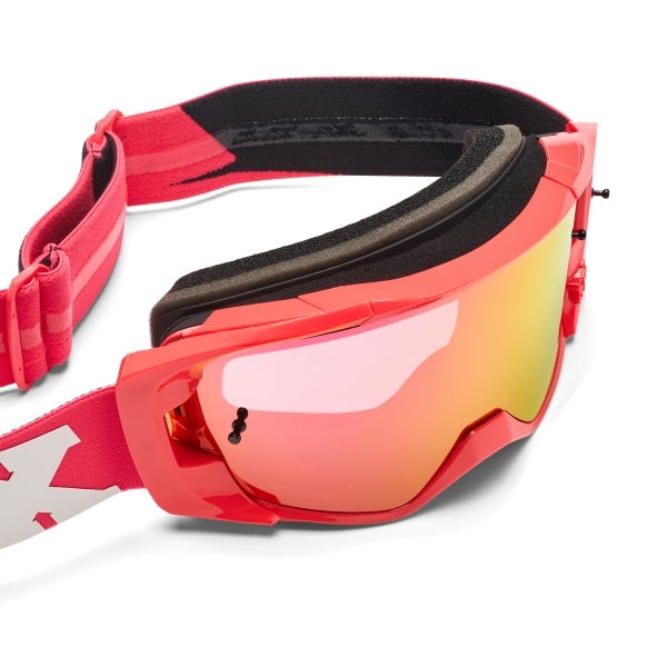Fox Racing Vue Core Vivid Goggles in Neon Pink, three-quarter lens and frame view, with the curved lens, vented frame, nose bridge, foam edge, and Fox-branded strap. Available options—Color: Black, HiViz Yellow, Dark Shadow, Red, Purple Lava, Neon Pink.