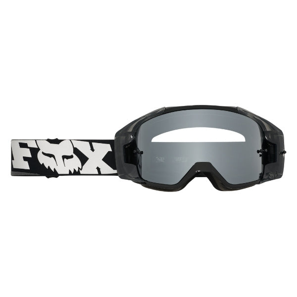 Fox Racing Vue Core Vivid Goggles in Neon Pink, side view of the frame and strap attachment, with the wide elastic strap, silicone grip bands, woven Fox lettering, and rear frame edge. Available options—Color: Black, HiViz Yellow, Dark Shadow, Red, Purple Lava, Neon Pink.