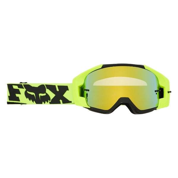 Fox Racing Vue Core Vivid Goggles in Purple Lava, straight-on lens view, with the curved lens, vented frame, nose bridge, foam edge, and Fox-branded strap. Available options—Color: Black, HiViz Yellow, Dark Shadow, Red, Purple Lava, Neon Pink. SKU 40570-E07-OS. UPC 198571129661.