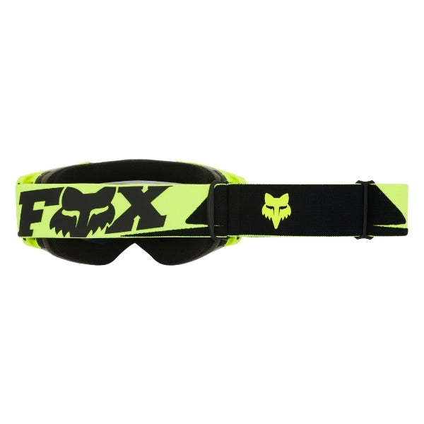 Fox Racing Vue Core Vivid Goggles in Neon Pink, straight-on lens view, with the curved lens, vented frame, nose bridge, foam edge, and Fox-branded strap. Available options—Color: Black, HiViz Yellow, Dark Shadow, Red, Purple Lava, Neon Pink. SKU 40570-065-OS. UPC 198571128602.