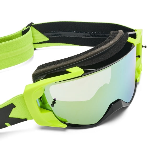 Fox Racing Vue Core Vivid Goggles in Neon Pink, rear view of the branded strap, with the wide elastic strap, silicone grip bands, woven Fox lettering, and rear frame edge. Available options—Color: Black, HiViz Yellow, Dark Shadow, Red, Purple Lava, Neon Pink.