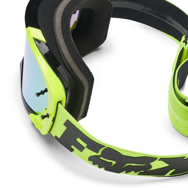 Fox Racing Vue Core Vivid Goggles in Neon Pink, three-quarter lens and frame view, with the curved lens, vented frame, nose bridge, foam edge, and Fox-branded strap. Available options—Color: Black, HiViz Yellow, Dark Shadow, Red, Purple Lava, Neon Pink.