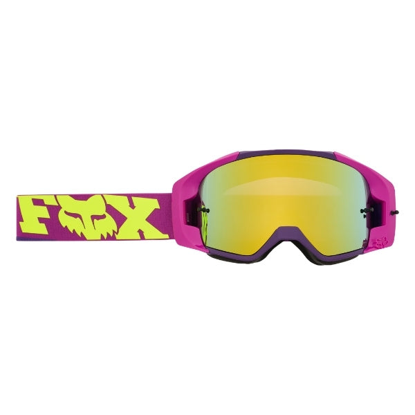 Fox Racing Vue Core Vivid Goggles in Neon Pink, rear view of the branded strap, with the wide elastic strap, silicone grip bands, woven Fox lettering, and rear frame edge. Available options—Color: Black, HiViz Yellow, Dark Shadow, Red, Purple Lava, Neon Pink.