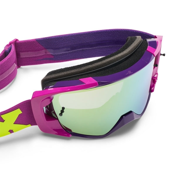 Fox Racing Vue Core Vivid Goggles in Neon Pink, side view of the frame and strap attachment, with the wide elastic strap, silicone grip bands, woven Fox lettering, and rear frame edge. Available options—Color: Black, HiViz Yellow, Dark Shadow, Red, Purple Lava, Neon Pink.