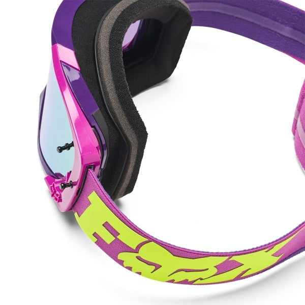 Fox Racing Vue Core Vivid Goggles in Neon Pink, inside view of the foam-lined eye opening, with the contoured foam face seal, nose opening, inner lens surface, and strap anchors. Available options—Color: Black, HiViz Yellow, Dark Shadow, Red, Purple Lava, Neon Pink.