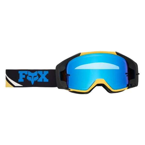 Fox Racing Vue Arc Vivid Goggles in Yellow, straight-on lens view, with the curved lens, vented frame, nose bridge, foam edge, and Fox-branded strap. Available options—Color: Yellow, Ice Blue, Chili. SKU 40580-005-OS. UPC 198571133002.