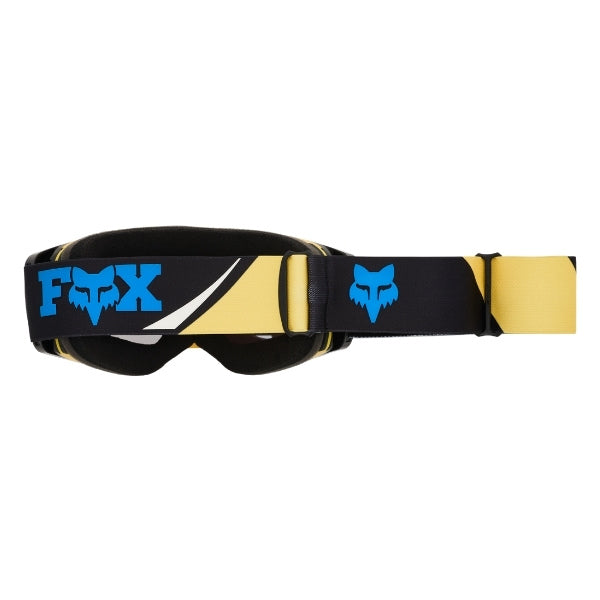 Fox Racing Vue Arc Vivid Goggles in Ice Blue, straight-on lens view, with the curved lens, vented frame, nose bridge, foam edge, and Fox-branded strap. Available options—Color: Yellow, Ice Blue, Chili. SKU 40580-231-OS. UPC 198571126547.