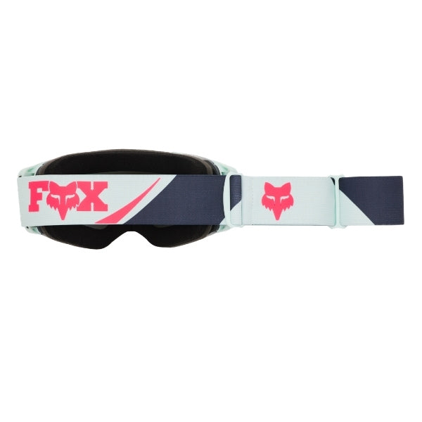 Fox Racing Vue Arc Vivid Goggles in Chili, rear view of the branded strap, with the wide elastic strap, silicone grip bands, woven Fox lettering, and rear frame edge. Available options—Color: Yellow, Ice Blue, Chili.