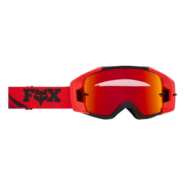 Fox Racing Vue Arc Vivid Goggles in Chili, three-quarter lens and frame view, with the curved lens, vented frame, nose bridge, foam edge, and Fox-branded strap. Available options—Color: Yellow, Ice Blue, Chili.