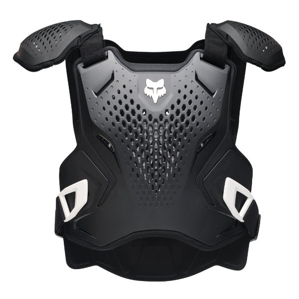 Fox Racing R3 Chest Guard (Youth) in Black, front view, with perforated molded chest and back plates, shoulder caps, side coverage, adjustable buckles, and centered Fox logo. Available options—Color: Black, White, Pink. SKU 40595-001-OS. UPC 198571135129.