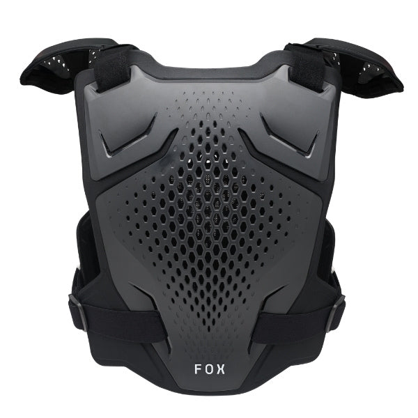 Fox Racing R3 Chest Guard (Youth) in White, front view, with perforated molded chest and back plates, shoulder caps, side coverage, adjustable buckles, and centered Fox logo. Available options—Color: Black, White, Pink. SKU 40595-008-OS. UPC 198571135457.