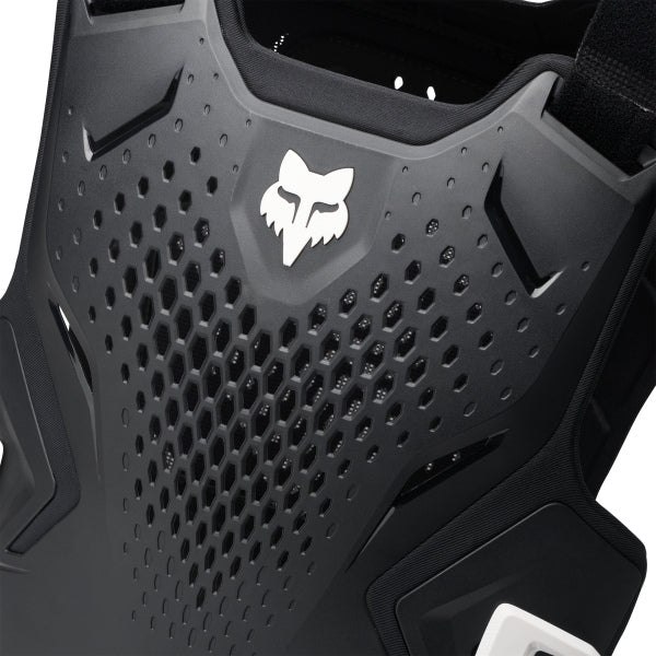 Fox Racing R3 Chest Guard (Youth) in Pink, front view, with perforated molded chest and back plates, shoulder caps, side coverage, adjustable buckles, and centered Fox logo. Available options—Color: Black, White, Pink. SKU 40595-170-OS. UPC 198571135440.