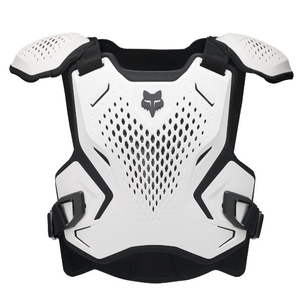 Fox Racing R3 Chest Guard (Youth) in Pink, close-up of the perforated chest panel and Fox logo, with perforated molded chest and back plates, shoulder caps, side coverage, adjustable buckles, and centered Fox logo. Available options—Color: Black, White, Pink.