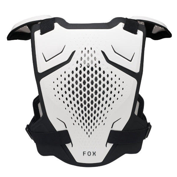 Fox Racing R3 Chest Guard (Youth) in Pink, close-up of the side buckle and molded rib panel, with perforated molded chest and back plates, shoulder caps, side coverage, adjustable buckles, and centered Fox logo. Available options—Color: Black, White, Pink.