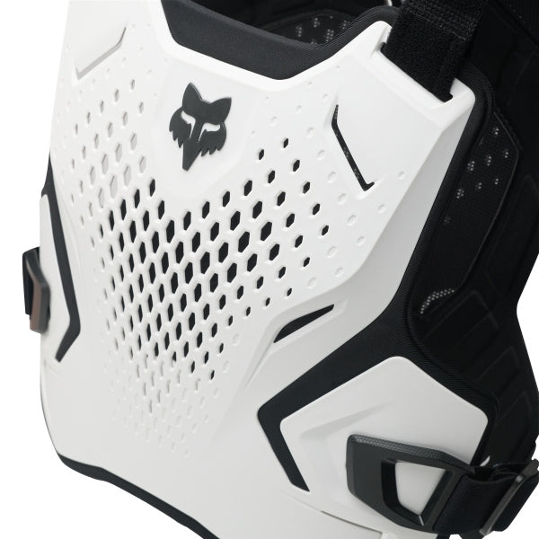 Fox Racing R3 Chest Guard (Youth) in Pink, front view, with perforated molded chest and back plates, shoulder caps, side coverage, adjustable buckles, and centered Fox logo. Available options—Color: Black, White, Pink.