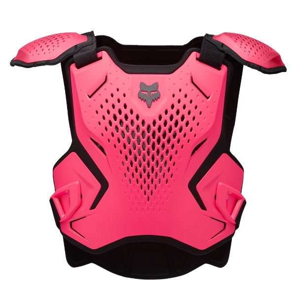 Fox Racing R3 Chest Guard (Youth) in Pink, close-up of the perforated chest panel and Fox logo, with perforated molded chest and back plates, shoulder caps, side coverage, adjustable buckles, and centered Fox logo. Available options—Color: Black, White, Pink.